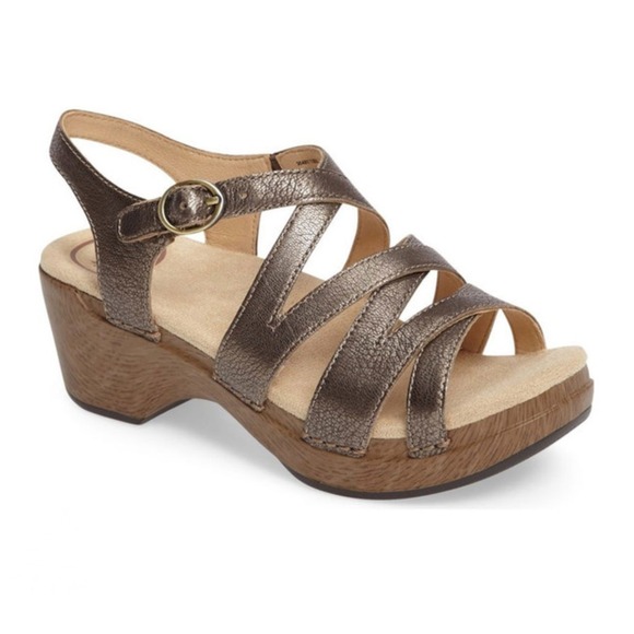 Dansko Stevie Metallic Leather Strappy Wedge Clog Sandals Pewter EU 40/US 9.5-10 - Picture 1 of 7